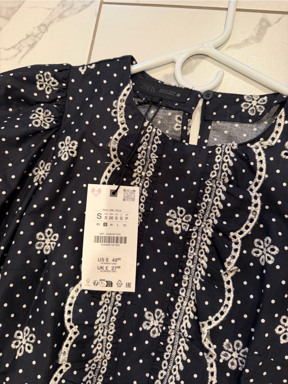 NWT Zara Women's Navy & White Embroidered Puff-Sleeve Blouse - Picture 8 of 8